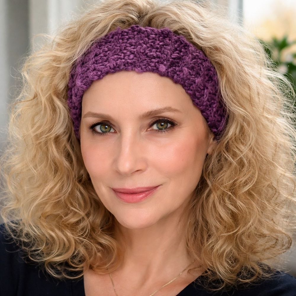 Handmade puffy Karabella wool headband stretchy and comfortable purple fits most